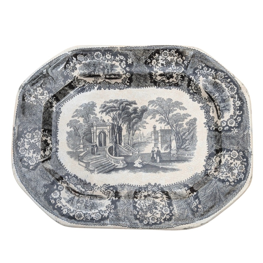 Antique Black Transferware Platter Scenic Estate Landscape Octagonal 10.5 Inch